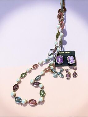 Multi-Color Gemstone and Pearl Station Necklace with 3 pair of Matching Earrings